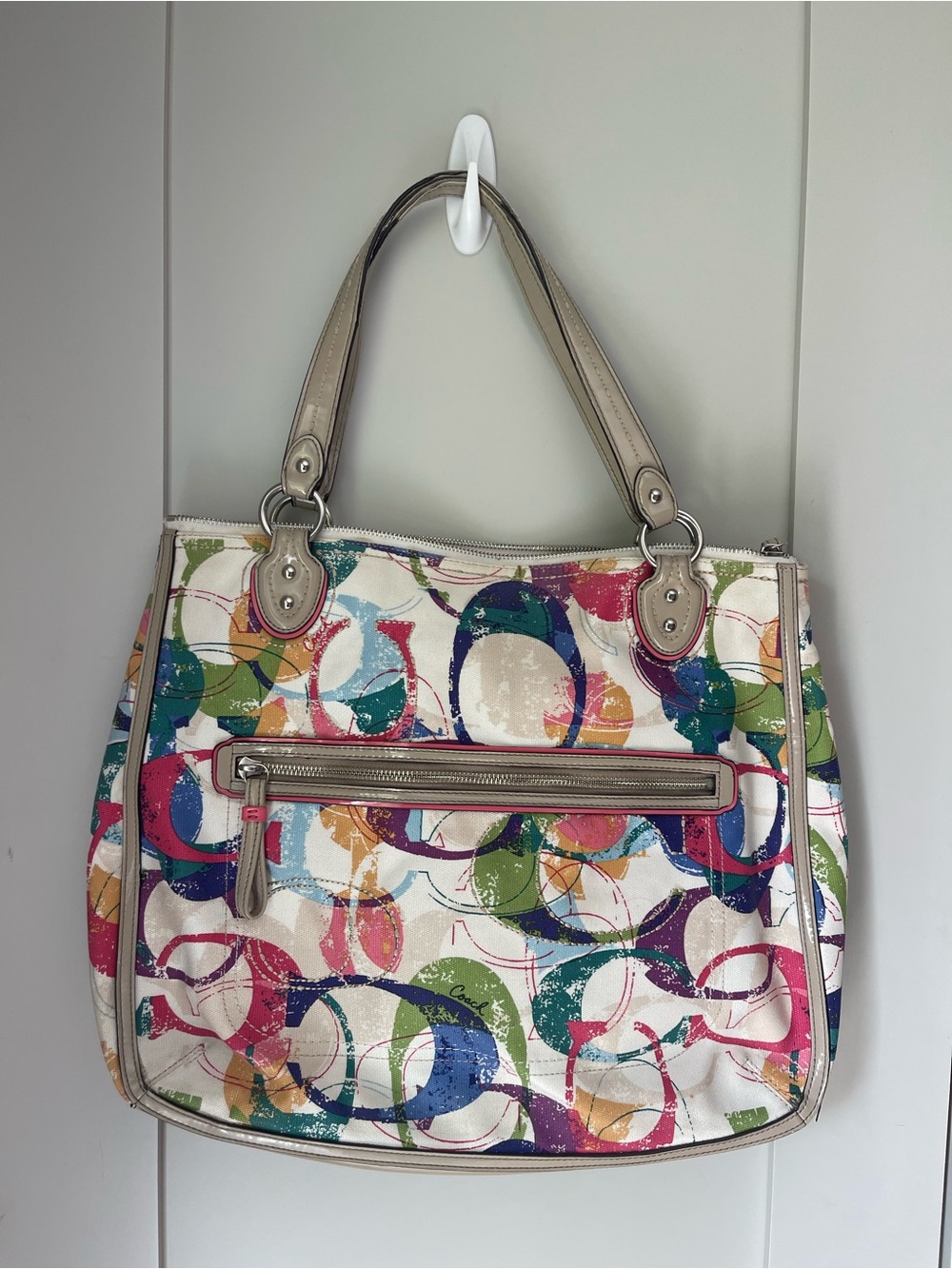 Coach Poppy Stamped Signature C Hallie Logo Tote Bag Multicolor Canvas